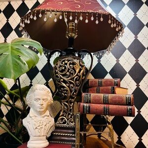 Luxury Vintage Black & Gold Table Lamp with Deep Burgundy Shade| Moody Baroque